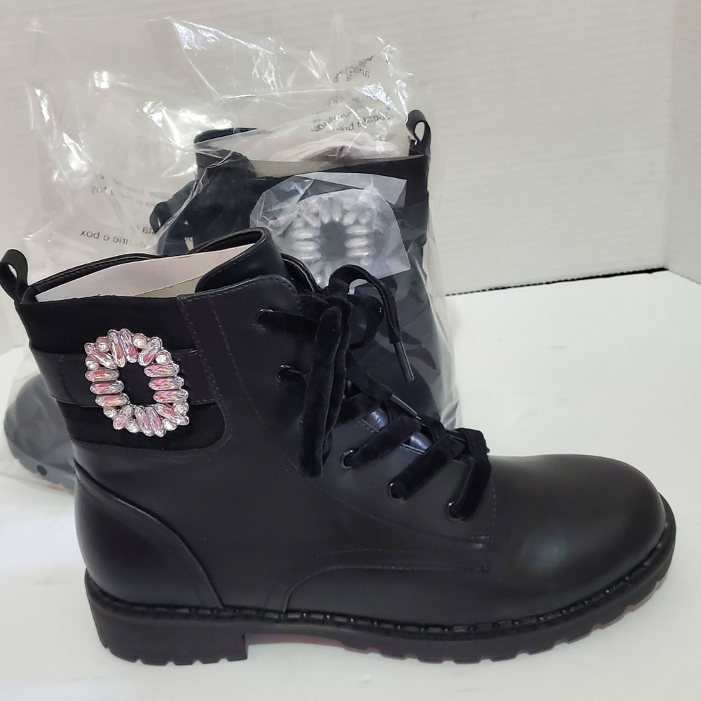 Combat bootie with a strass buckle, side zipper, velvet laces. SIZE 10 NIB